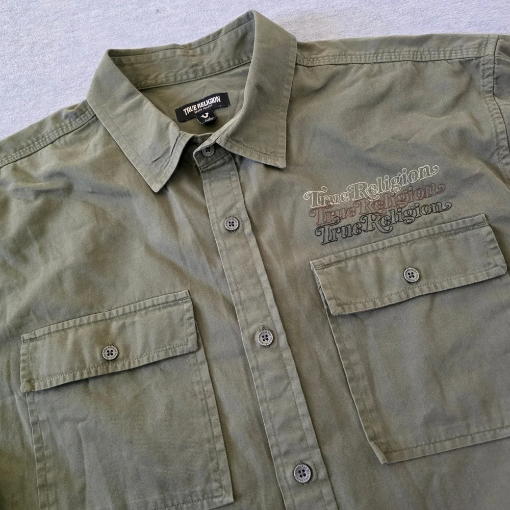 True Religion Mens Olive Green Short Sleeve Button Down Utility Shirt Large